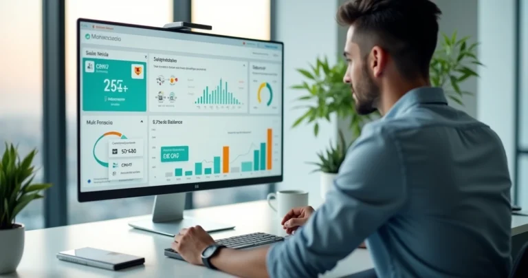 Empresário analisa dashboard financeiro em plataforma de pagamentos online