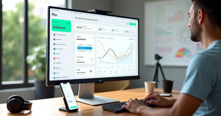 Infoprodutor analisando painel de vendas com pagamentos via Pix automático