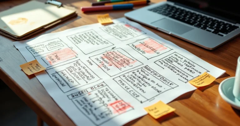 Mesa bagunçada com esboço de página de upsell marcada com vários erros