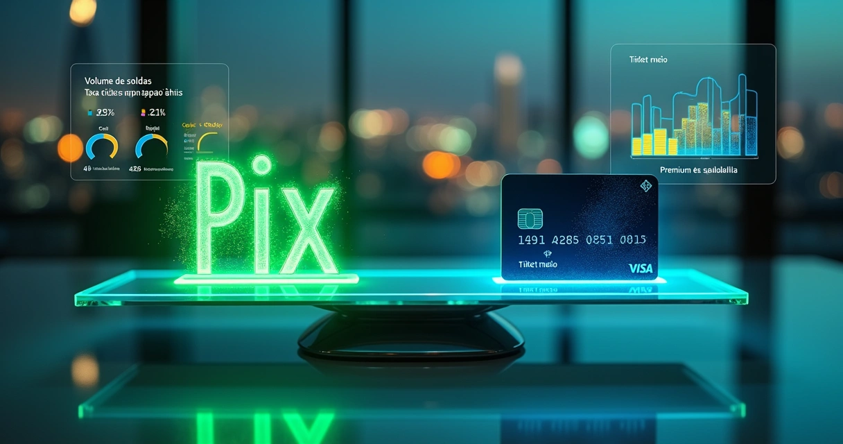 Balança digital comparando ícone de Pix e cartão de crédito