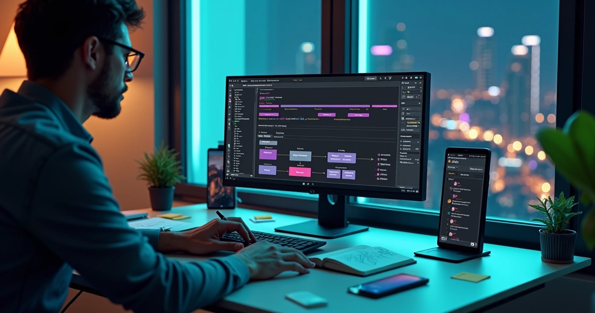 Infoprodutor usando notebook com fluxo de automação de vendas digital na tela